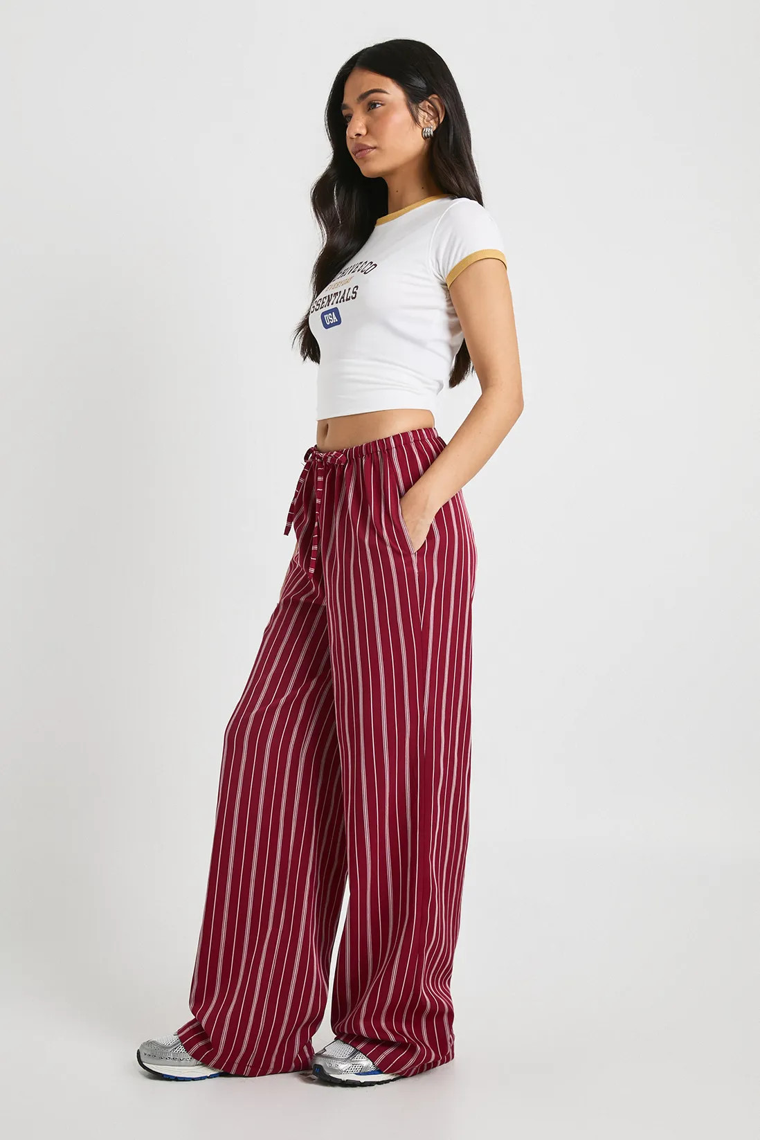 Pinstripe Wide Leg Drawcord Waist Trousers | Boohoo.com (UK & IE)