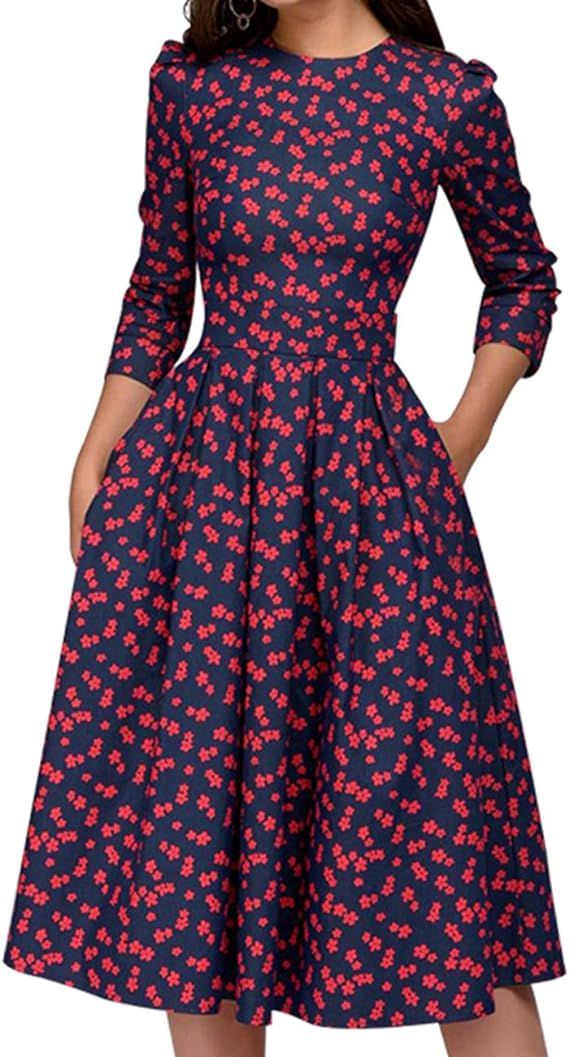 Simple Flavor Women's Floral Vintage Dress Elegant Midi Evening Dress 3/4 Sleeves | Amazon (US)