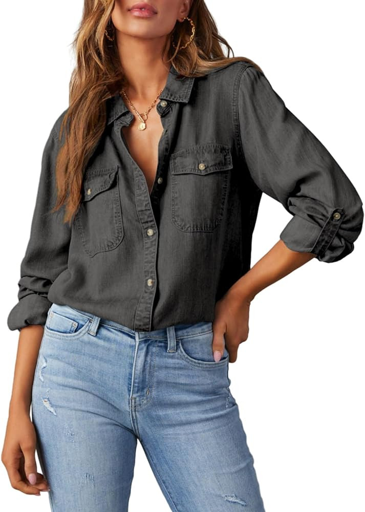 Astylish Women Button Down Denim Shirts Casual Long Sleeve V Neck Chambray Blouse Top | Amazon (US)