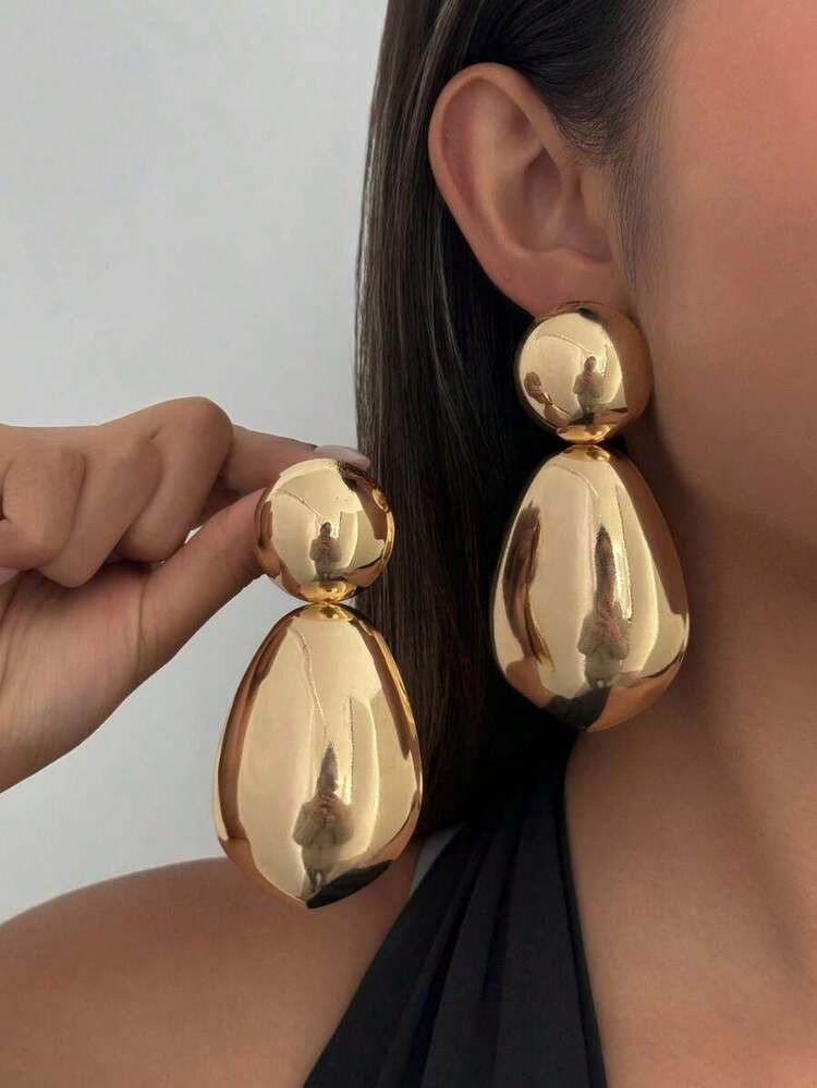 1 Pair Retro Luxury Metal Asymmetric Geometric Teardrop & Round Stud Earrings, Women's Minimalist Fashionable Metal Gold Earrings, Surface Clear, Solid Jewelry (Some Earrings May Have Minor Scratches Or Water Marks On The Surface, Which Is Normal) | SHEIN