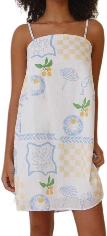 Women Boho Graffiti Cami Mini Dress Spaghetti Strap Printed A Line Short Dress Cute Colorful Sund... | Amazon (US)