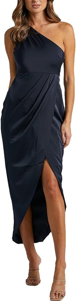 Swahugh Women's Sexy Satin Ruched Bodycon Dress One Shoulder Party Cocktail Midi Dress Split | Amazon (US)