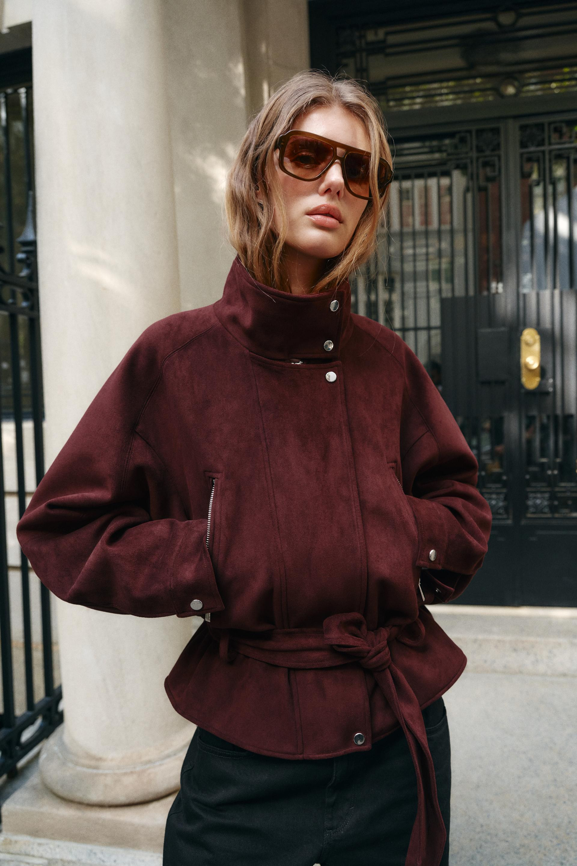 Zara - Suede Leather Bomber Jacket With Pockets - Women - Brown Marl - Women | Zara US