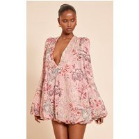 Blush Floral Print Plunge Puff Sleeve Shift Dress | PrettyLittleThing US