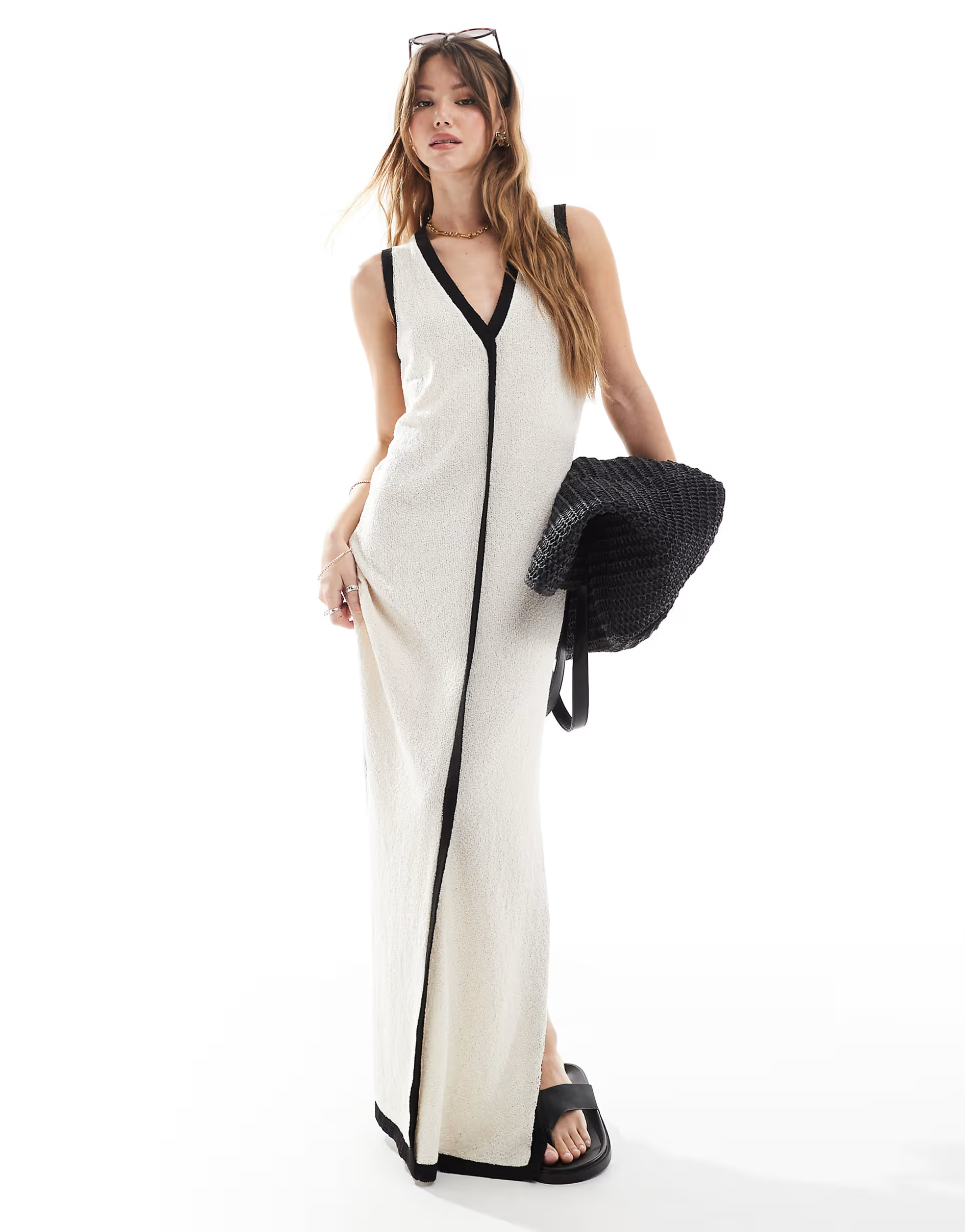 4th & Reckless contrast trim sleeveless v neck knitted beach maxi dress in ecru | ASOS (Global)