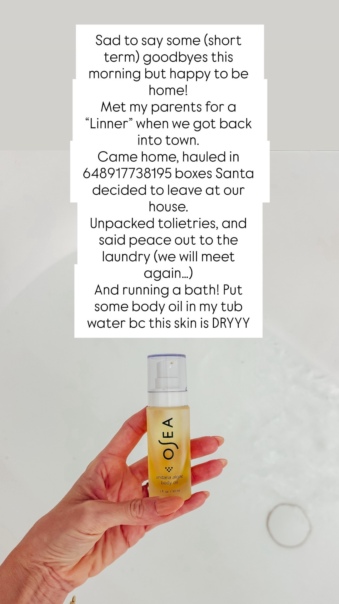 Finally home and straight into self-care mode ✨
Nothing hits like a hot bath after a long day — especially when I add a few drops of luxury body oil right into the water to deeply nourish, soften, and quench super dry winter skin. My skin drinks this up and feels instantly smoother and more hydrated.

I’ve linked the exact body oil I’m using, plus a few other favorite body oils and hair oils I’ll be rotating through over the next couple of days to lock in moisture, boost glow, and bring everything back to life from head to toe.

If your skin or hair is feeling dry, dull, or tight right now… this is your sign to oil up and reset.
👉 Shop all my hydration essentials linked here

#LTKbeauty #LTKselfcare #LTKfinds #hydratedskin #dryskinsolutions #winterbeauty #bodyoils #hairoils #glowingskin #luxuryselfcare #bathroutine #skinbarrier #shopLTK

#LTKTravel #LTKselfcare #LTKBeauty