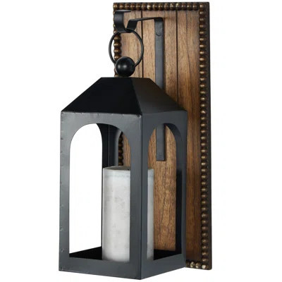 Metal Suspended Arched Indoor Outdoor Black Wall Sconce with Brown Wood Backing and Beaded Edge | Wayfair North America