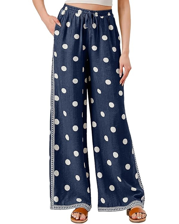 Women's Polka Dot Wide Leg Pants Lightweight Drawstring Waist Flowy Boho Palazzo Trousers with Po... | Amazon (US)
