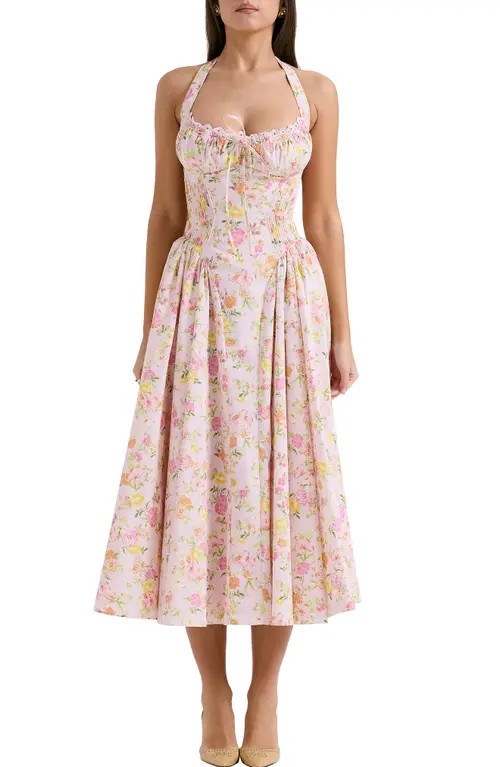 HOUSE OF CB Adabella Floral Pleated Halter Sundress in Pink Floral Print at Nordstrom, Size Large | Nordstrom