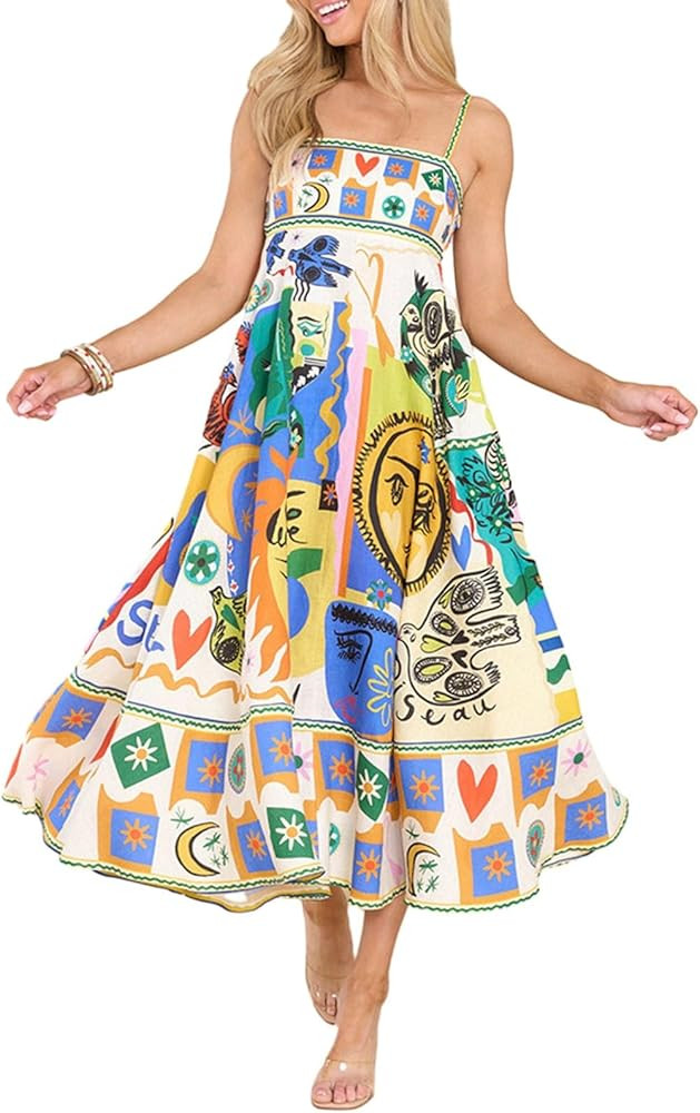 Women Graphic Maxi Cami Dress Spaghetti Strap Floral Boho Long Dress Flowy Summer Holiday Beach D... | Amazon (US)