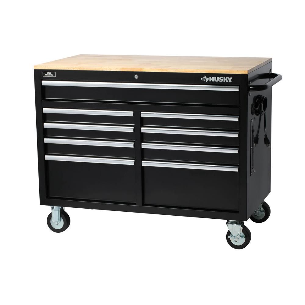 46 in. W x 24.5 in. D 9-Drawer Tool Chest Mobile Workbench with Solid Wood Top in Black | The Home Depot