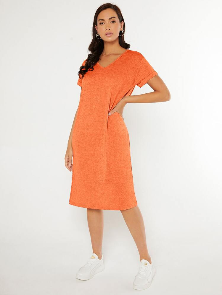 SHEIN BASICS Roll Up Sleeve Split Side Dress | SHEIN