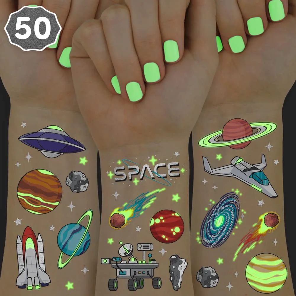 xo, Fetti Space + Planets Glow in Dark Temporary Tattoos for Kids - 50 pcs | Alien Birthday Party... | Amazon (US)