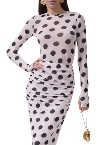 AFRM Women's Kaylee Sheer Mesh Long Sleeve Crew Neck Top, Rose Blur Dot, Large | Amazon (US)