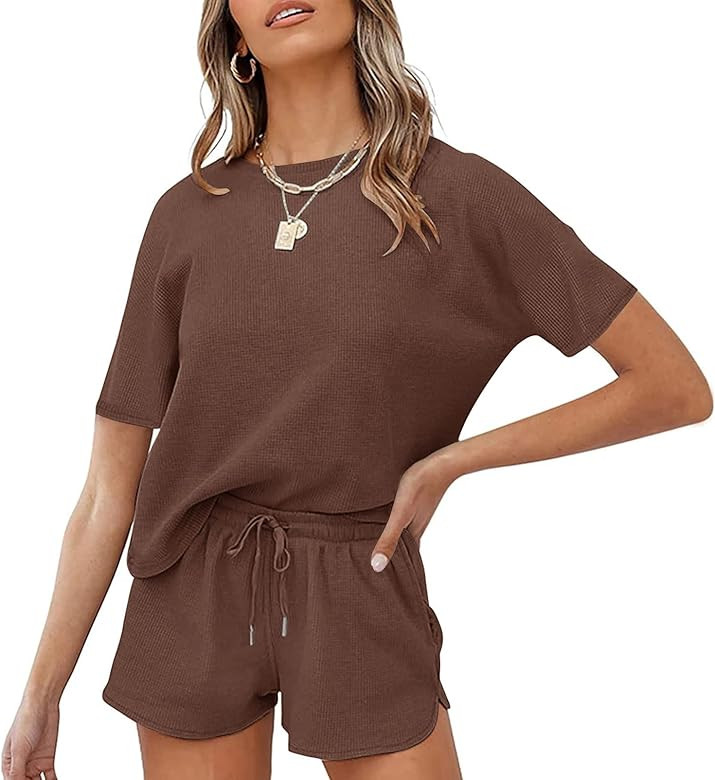 MEROKEETY Women's Short Sleeve Waffle Pajama Sets Lounge Top and Shorts 2 Piece Tracksuit Outfits | Amazon (US)