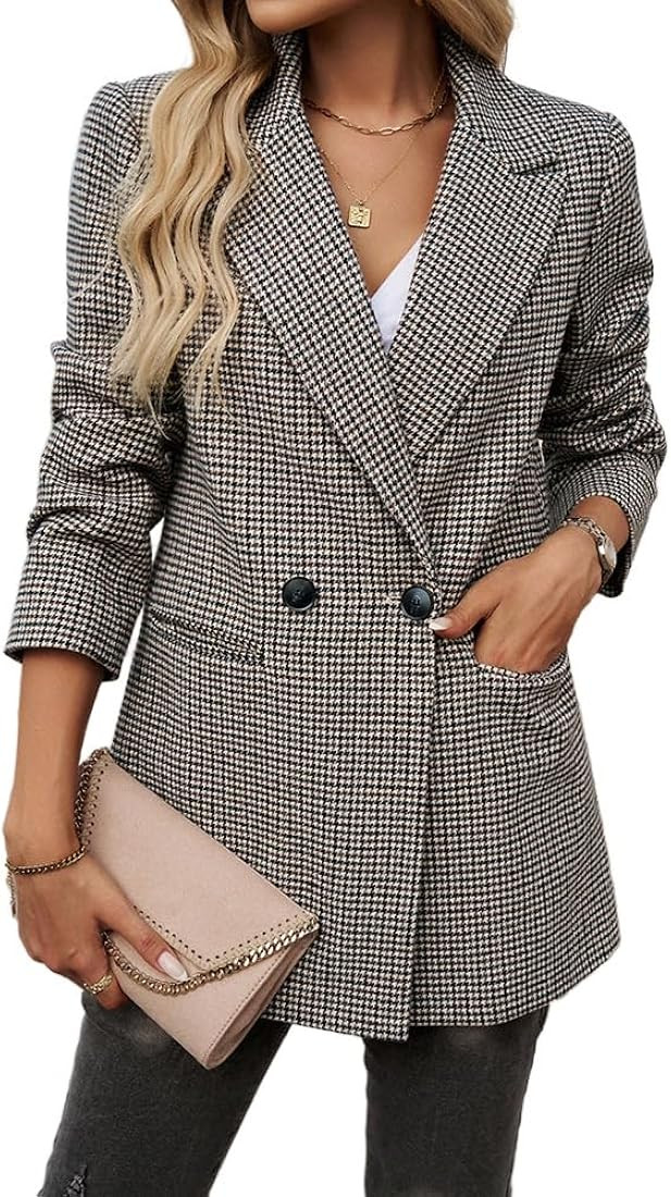 Womens Casual Blazer Open Front Long Sleeve Lapel Houndstooth Jacket Blazers Bussiness Work Offci... | Amazon (US)