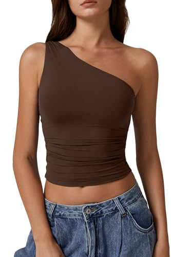QINSEN Women's One Shoulder Tank Tops Double Lined Sleeveless Slim Fit Cropped Tee Shirt Y2k Tops | Amazon (US)