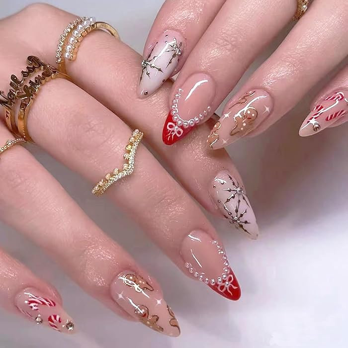24Pcs Christmas Press on Nails French Tip Medium Almond Fake Nails Cat Eye Xmas False Nails with ... | Amazon (US)