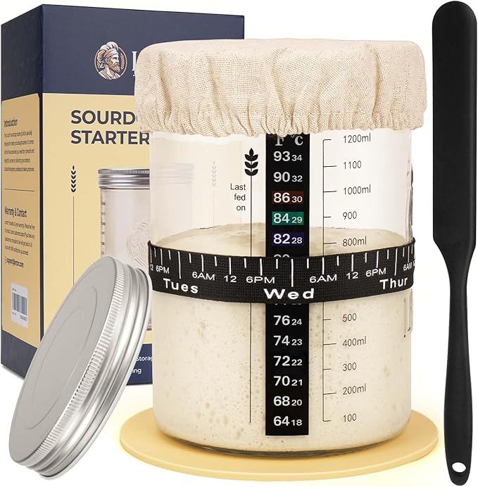 Sourdough Starter Jar Kit - 47 oz Large Wide Mouth Bread Starter Jar with Feeding Tracking Band, ... | Amazon (US)