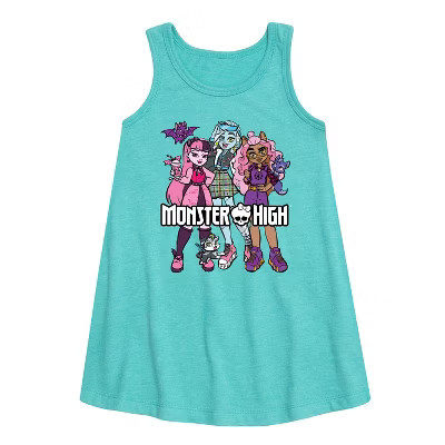 Girls' Monster High Group With Pets Graphic Sleeveless Aline Dress - Turquoise - 6T | Target