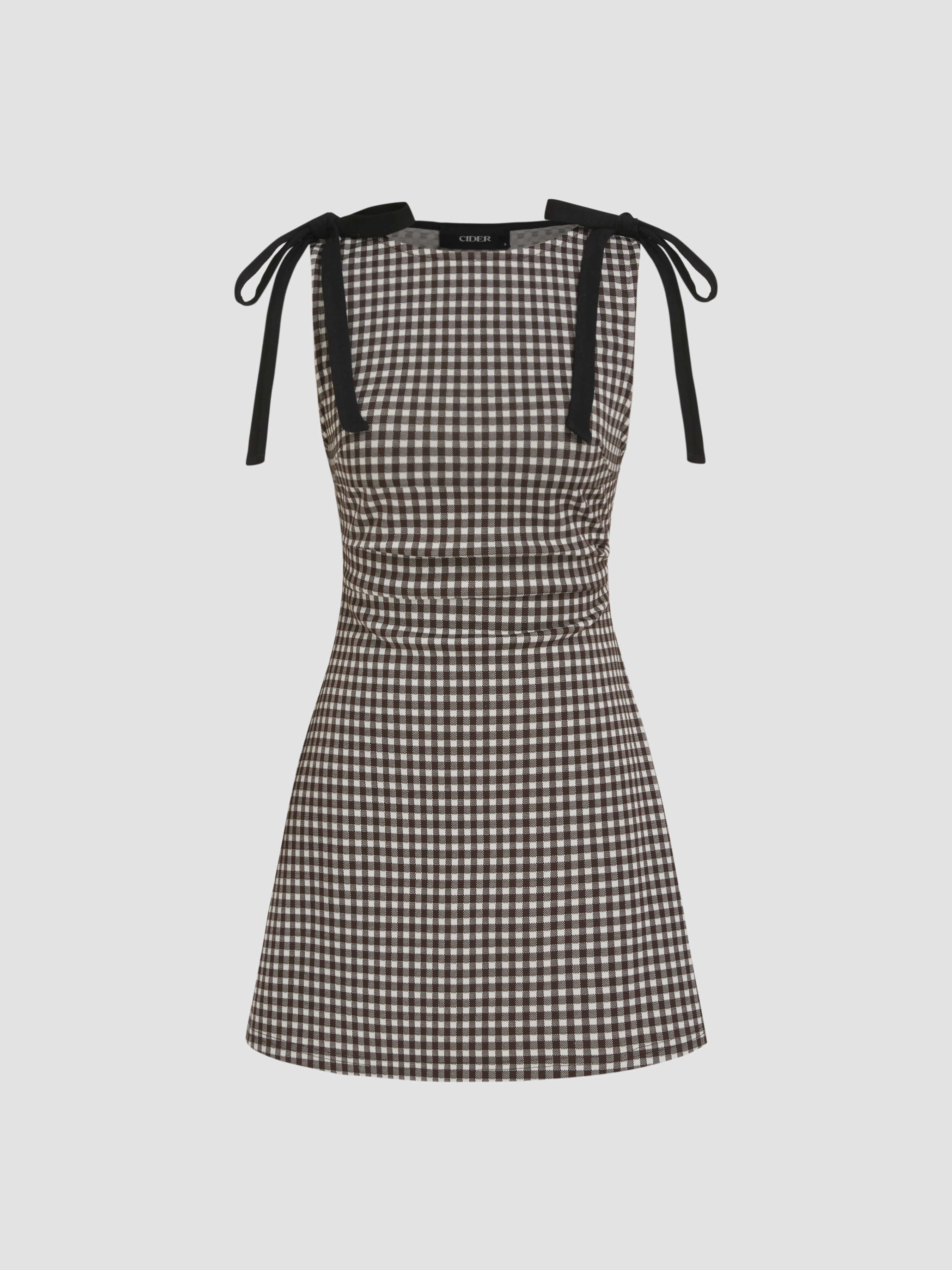 Knit Fabric Round Neckline Gingham Bowknot Ruched Mini Dress For Date | Cider