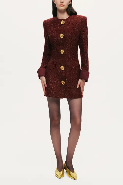 Nocturne Gold-Button Bouclé Mini Dress in Burgundy at Nordstrom, Size X-Large Eu | Nordstrom