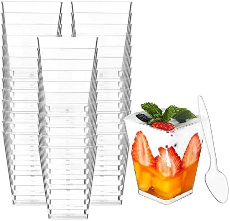 50 Pack 5 oz Square Dessert Cups with Spoons - Mini Parfait Cups, Appetizer Cups, Clear Plastic P... | Amazon (US)