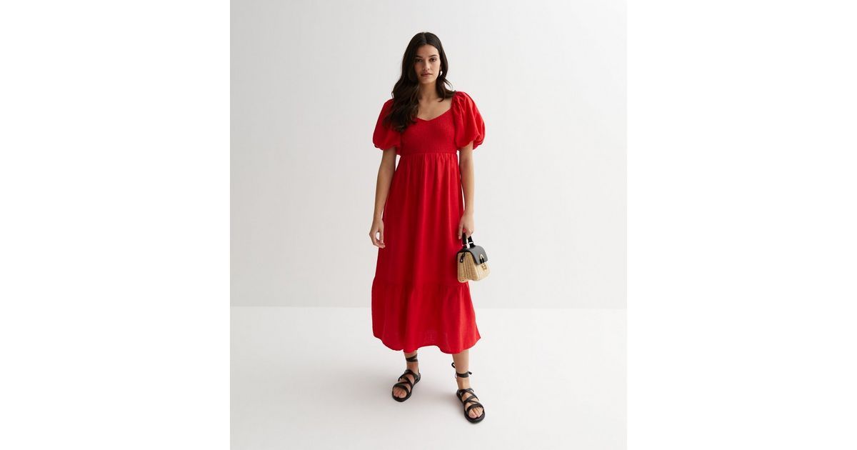 Red Shirred Sweetheart Puff Sleeve Midi Dress
						
						Add to Saved Items
						Remove from S... | New Look (UK)