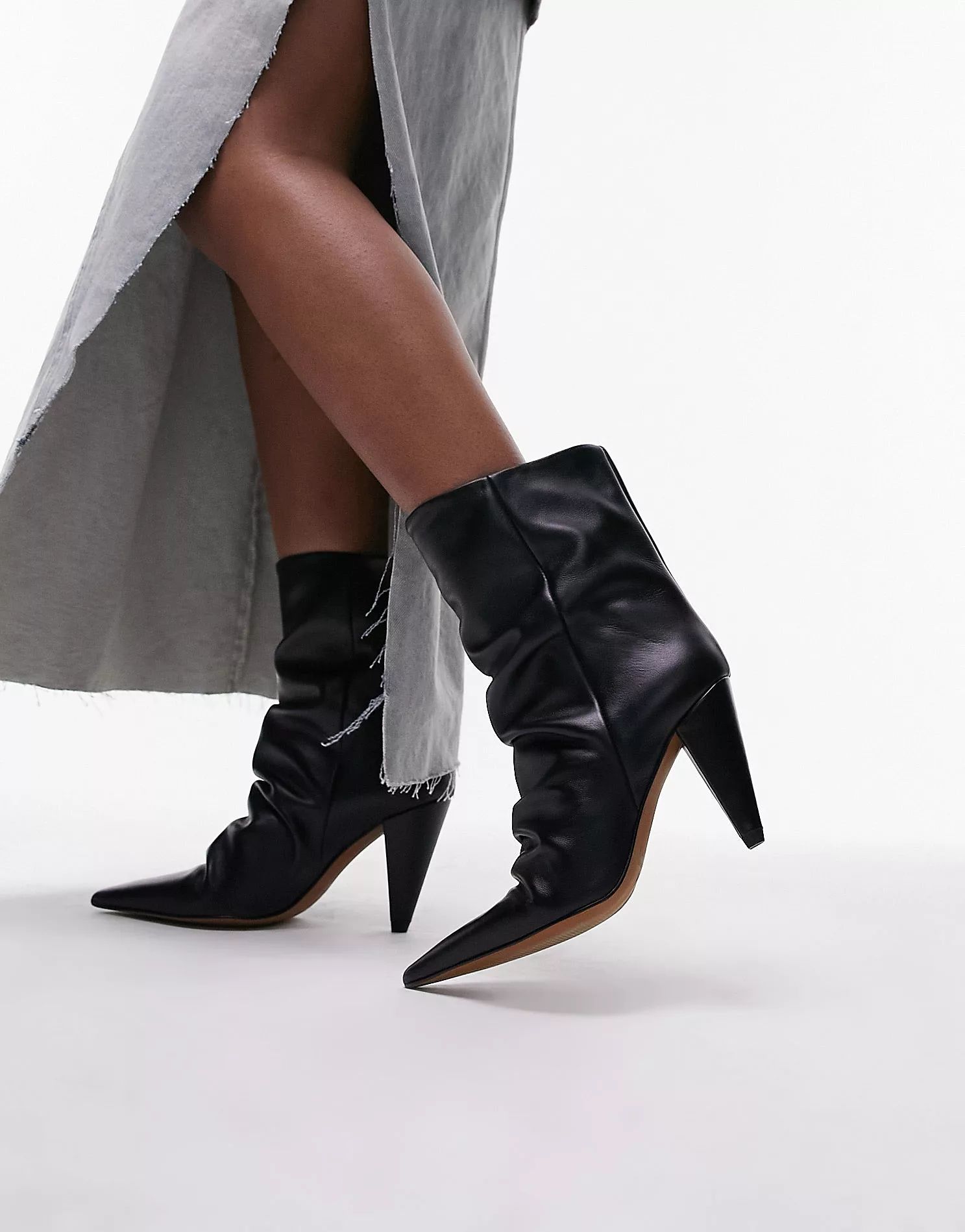 Topshop Wide Fit Nadia real leather pointed cone heel ankle boot in black | ASOS (Global)