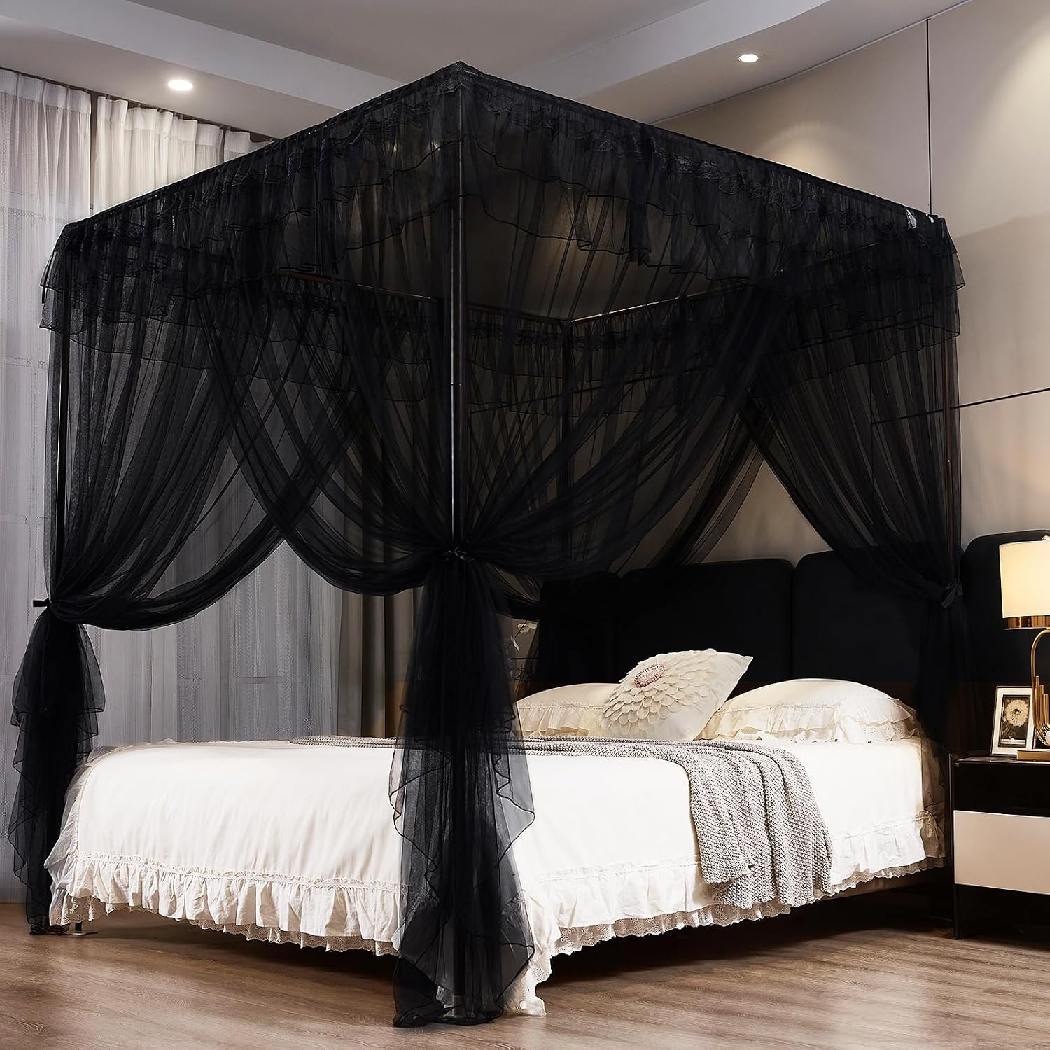 Kertnic Black Canopy Bed Curtains for Girls & Adults, Queen King Bed Canopy Drapes Netting, Practical Mosquito Net for Bed (Black, King- 86" W*78" L*82" H) | Amazon (US)