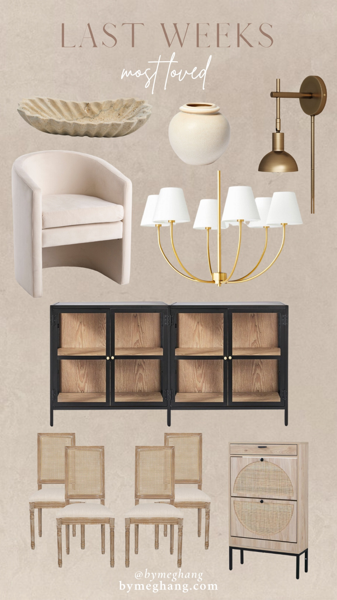 Last weeks most loved items! Travertine scalloped dish, vase on sale, brass sconce under $100, affordable barrel chair, chandelier on sale, cabinet on sale, set of 4 can chairs under $500, affordable and aesthetic shoe storage 

#LTKhome #LTKFind