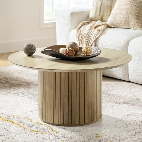 HULALA Home Round Coffee Table, Wood Coffee Table with Vertical Slat Base, Modern Coffee Table fo... | Amazon (US)