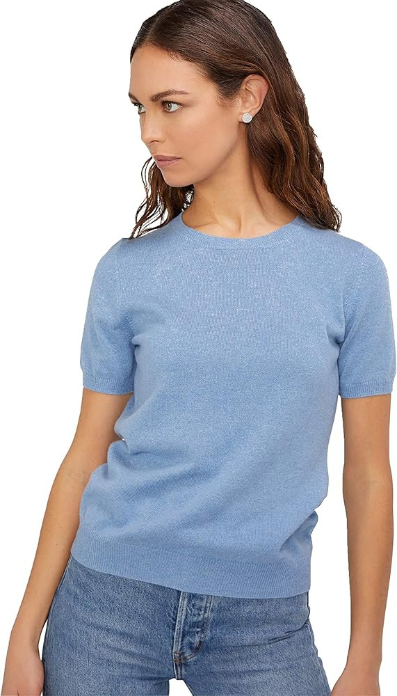 State Cashmere Short Sleeve Crew Top Sweater 100% Pure Cashmere Classic Jewel Neck Pullover Tee f... | Amazon (US)