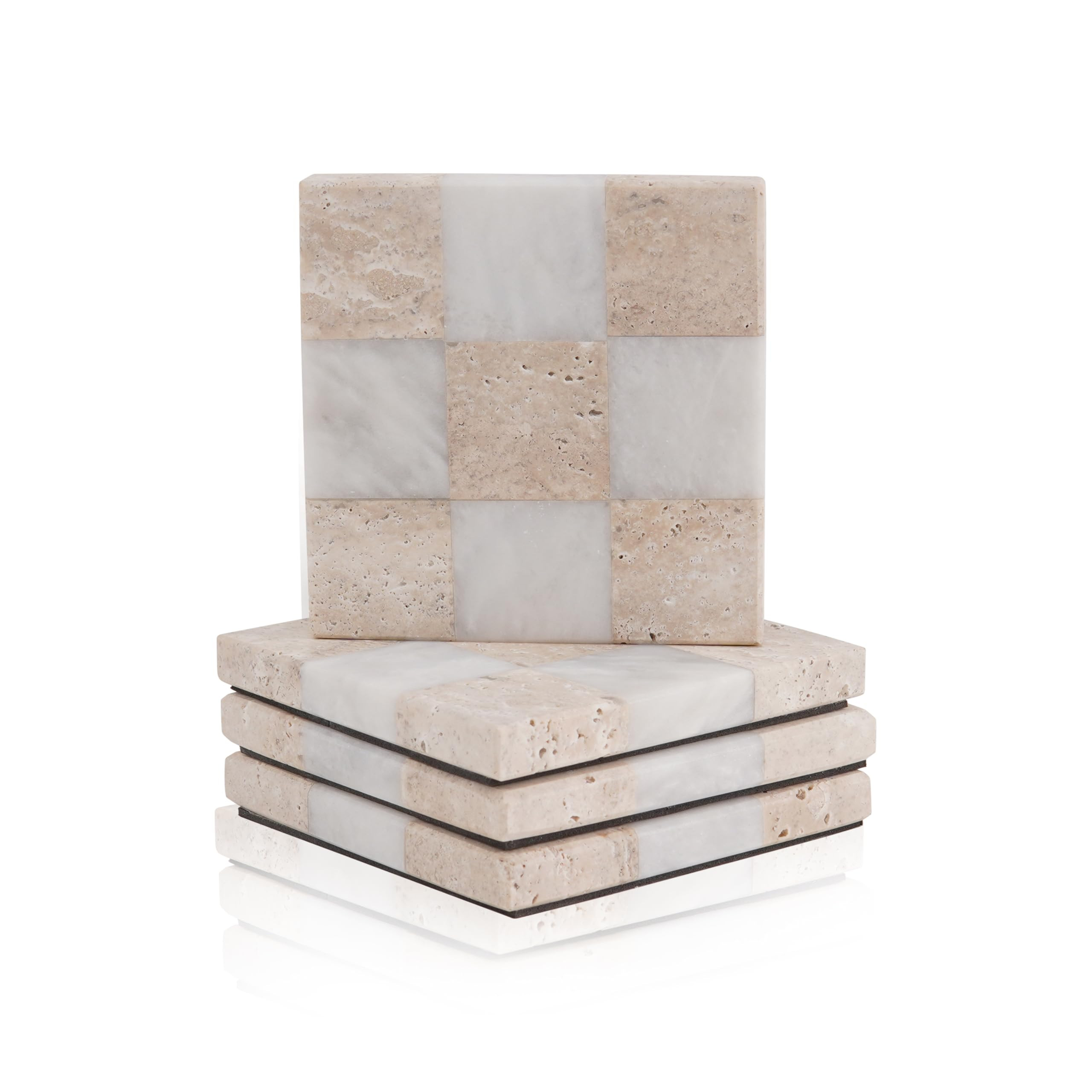 Marble Coasters Set of 4, 4" Travertine & White Desk Coasters for Drinks, Handmade Stone Cup Coas... | Amazon (US)
