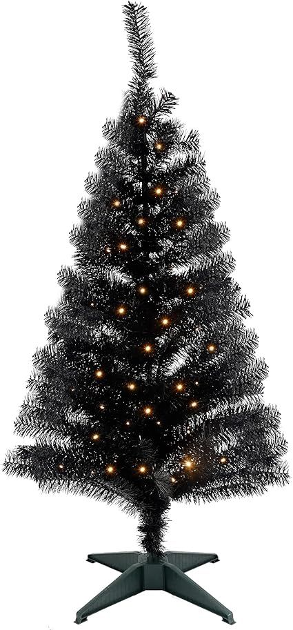 Juegoal Pre-Lit Artificial Halloween Christmas Tree, 4 FT Lighted Black Tinsel Xmas Pine Trees wi... | Amazon (US)