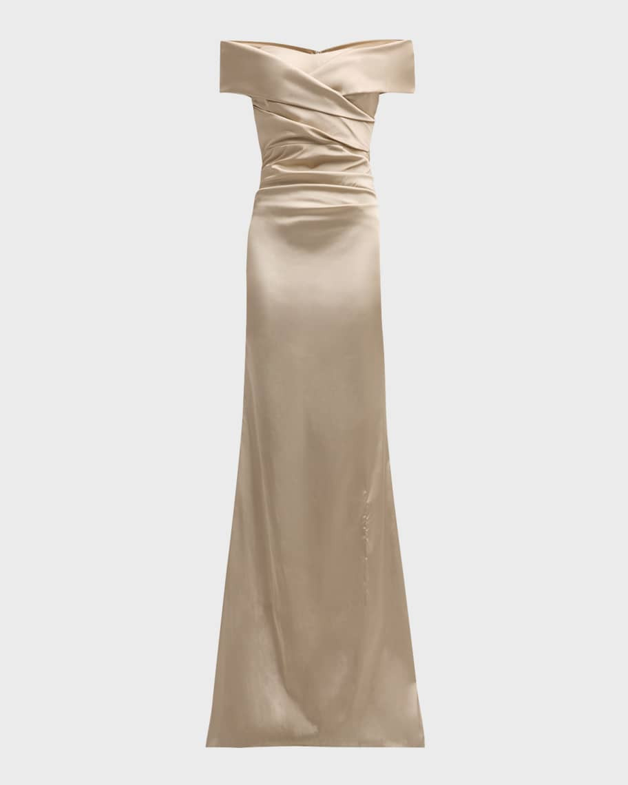 Pleated Off-Shoulder Satin Column Gown | Neiman Marcus