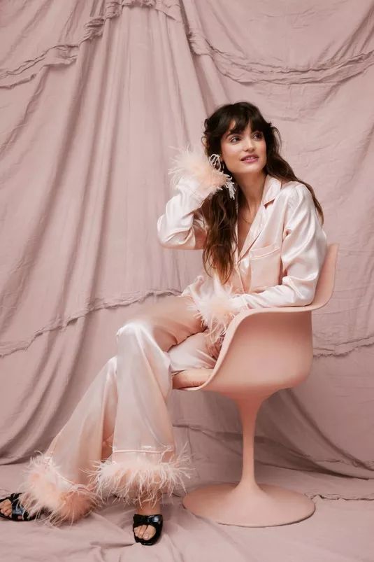 Satin Feather Pajama Shirt and Pants Set | Nasty Gal (US)