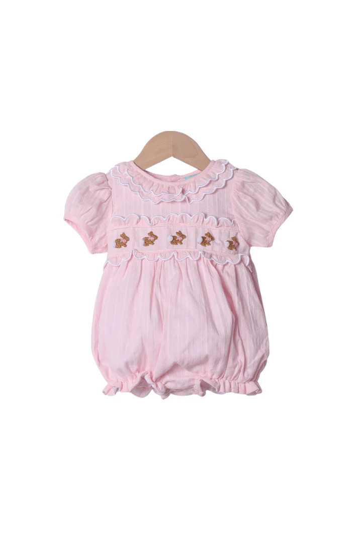 Hand Embroidered Bunny Pink Linen Bubble | The Smocked Flamingo