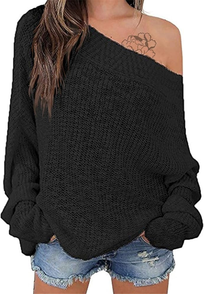 EXLURA Women's Off Shoulder Sweater Batwing Sleeve Loose Oversized Pullover Knit Jumper | Amazon (US)