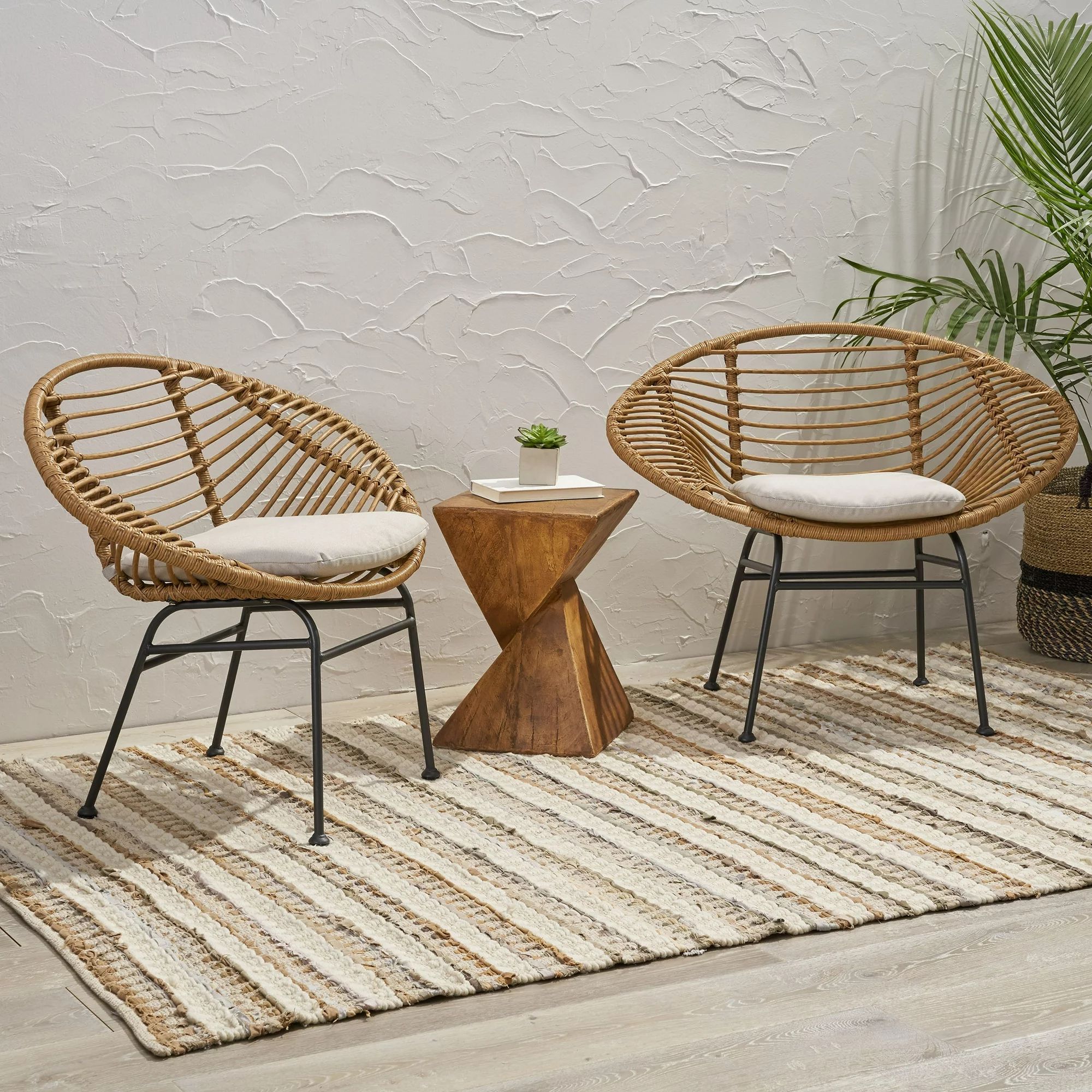 Noble House Anton Outdoor Woven Wicker Chairs with Cushions, Set of 2, Light Brown, Beige Finish | Walmart (US)