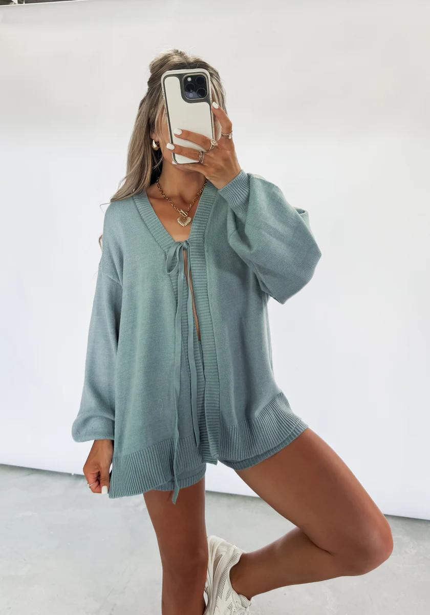 Wherever We Go Tie Knit Cardigan & Short Lounge Set - Steel Blue | CK Squared Boutique