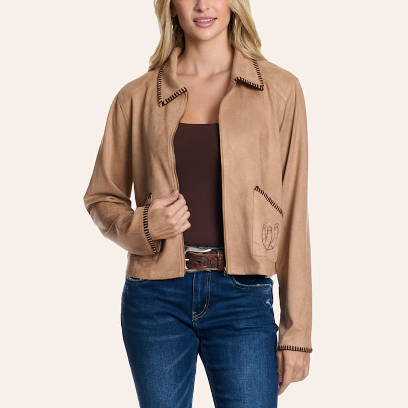 Merigold Kiss Women's Tan & Brown Embroidered Suede Jacket | Cavender's