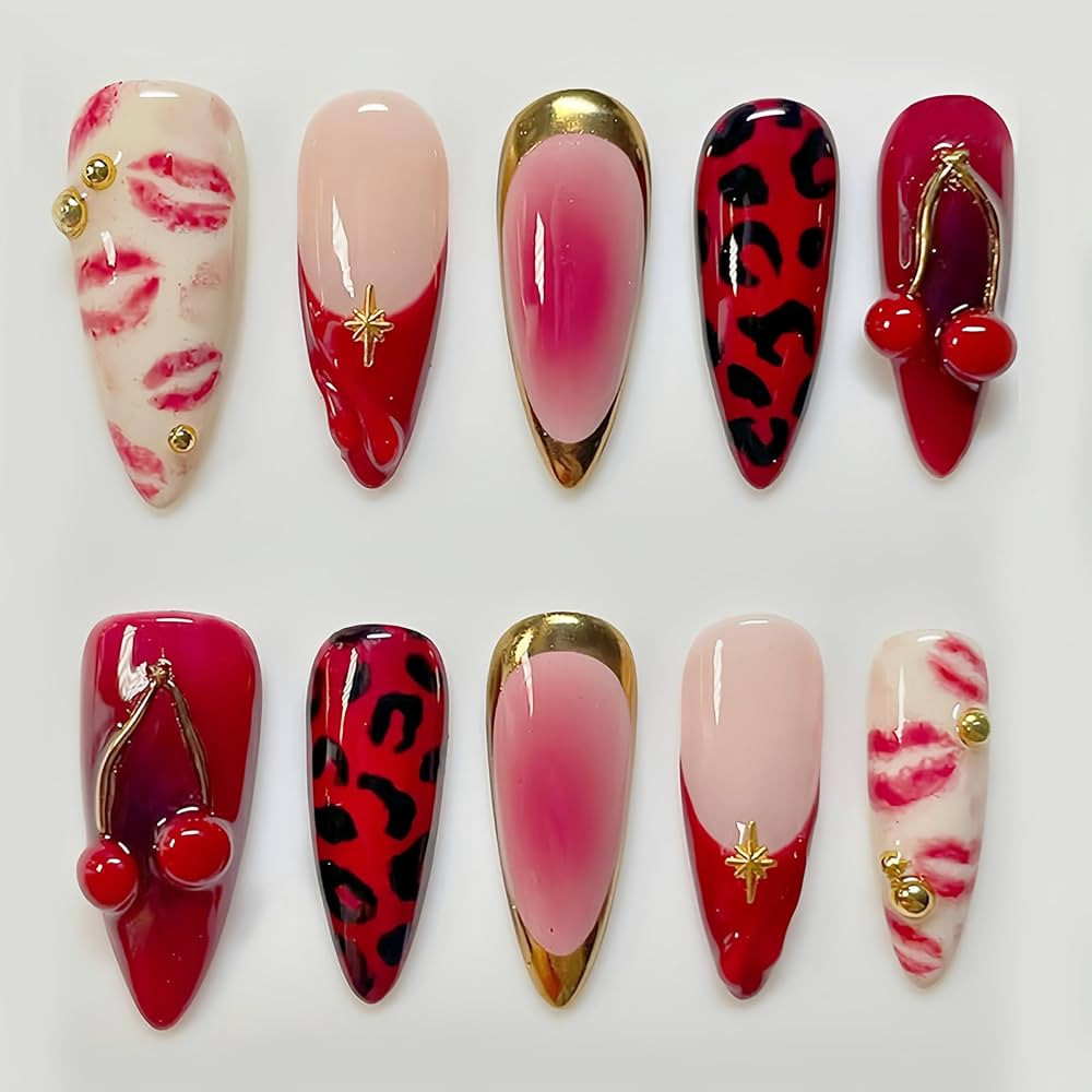 30 Pcs Red Lips Cherry Press on Nails Medium Almond Shaped False Nails with Golden Beads Designs ... | Amazon (US)