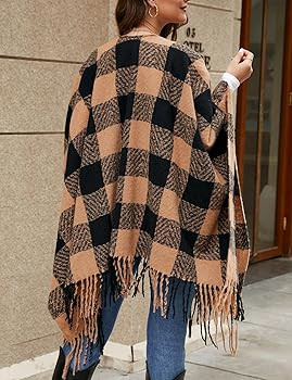 VIMPUNEC Women Boho Buffalo Plaid Poncho Pashmina Shawl Wrap Cape Sweater Knitting Cardigan with ... | Amazon (US)