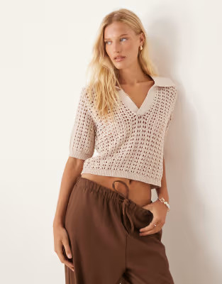 Brave Soul Pointelle knit collared t-shirt in stone | ASOS | ASOS (Global)