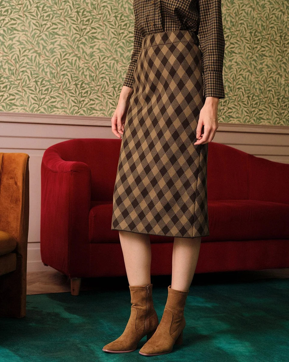 The Argyle Pattern High Waisted Slit Midi Skirt | rihoas.com