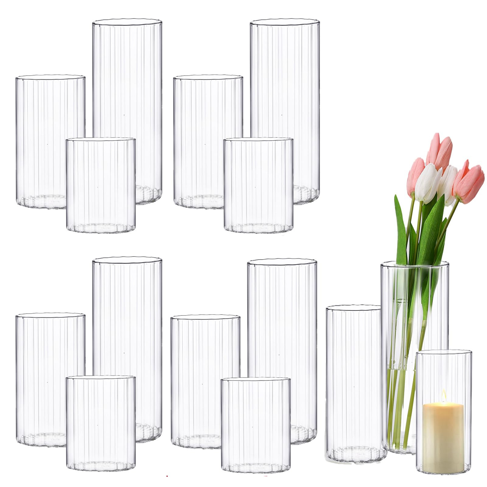 yshengood 12 Pcs Ribbed Hurricane Glass Candle Holders Glass Cylinder Candle Holder for Pillar Ca... | Amazon (US)