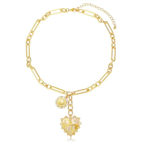 BONJOULRY Chunky Gold Sun Heart Pendent Charm Necklace for Women 18K Gold Plated Choker Necklace Heart Charm Thick Paperclip Chain Necklace | Amazon (US)