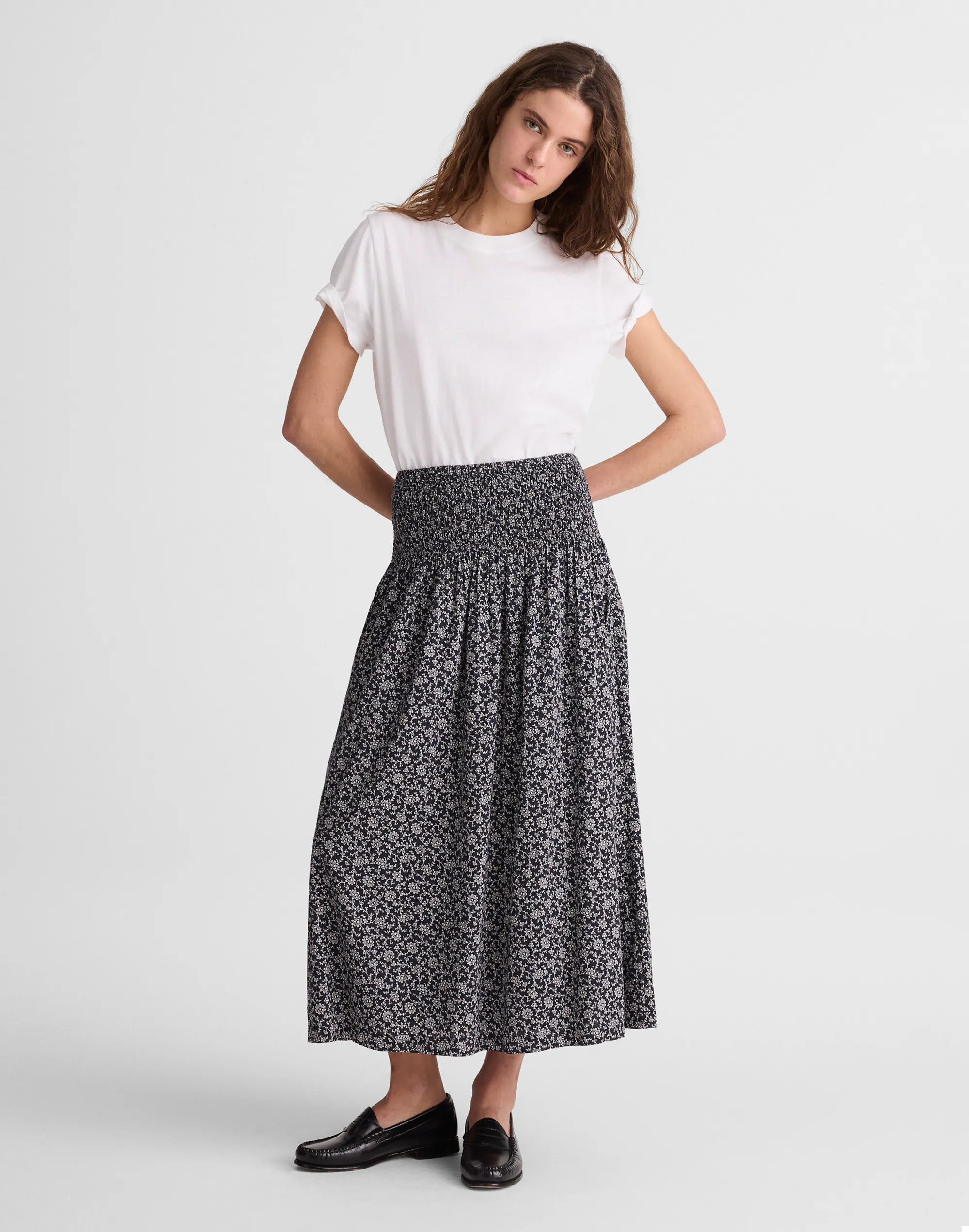 Smocked-Waist Midi Skirt in Floral Print | Madewell