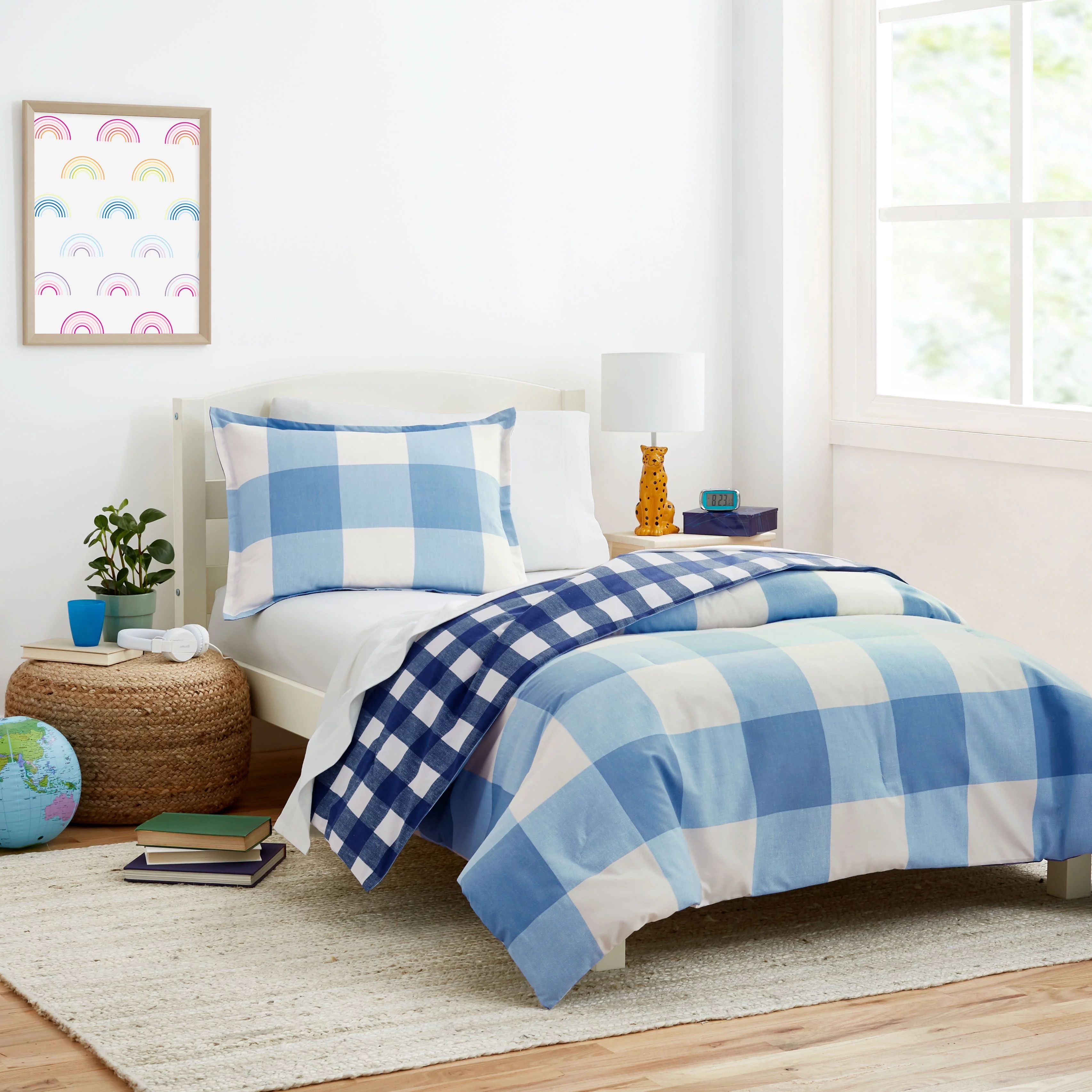 Gap Home Kids Gingham Reversible Organic Cotton Blend Comforter Set, Twin, Blue, 2-Pieces | Walmart (US)